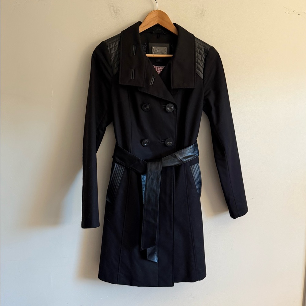 Mackage Black Double-Breasted Trench Coat with Leather Trim